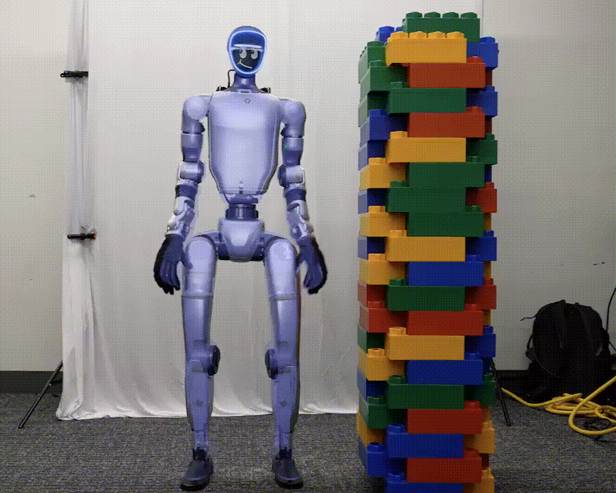 Unitree G1 softly hitting wall of legos