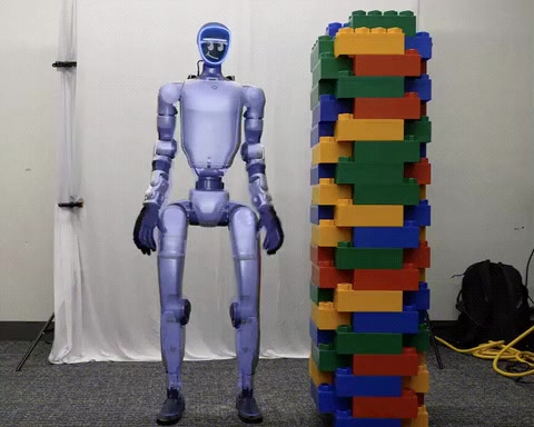 Unitree G1 softly hitting a wall of Legos